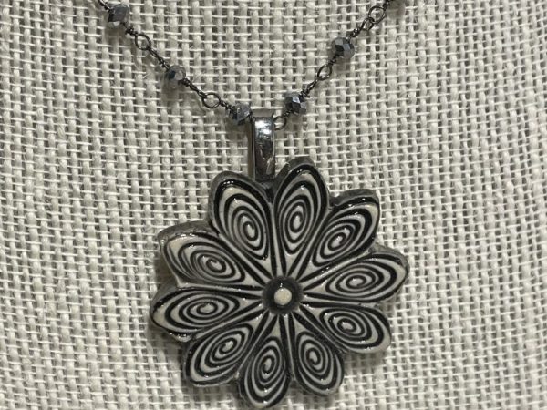 spiral flower on grey beaded chain…adopted by&nbsp;Mom